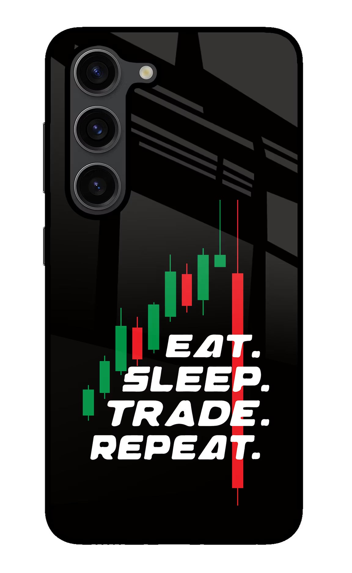 Eat Sleep Trade Repeat Samsung S23 Plus Glass Case Back Cover by Casekaro