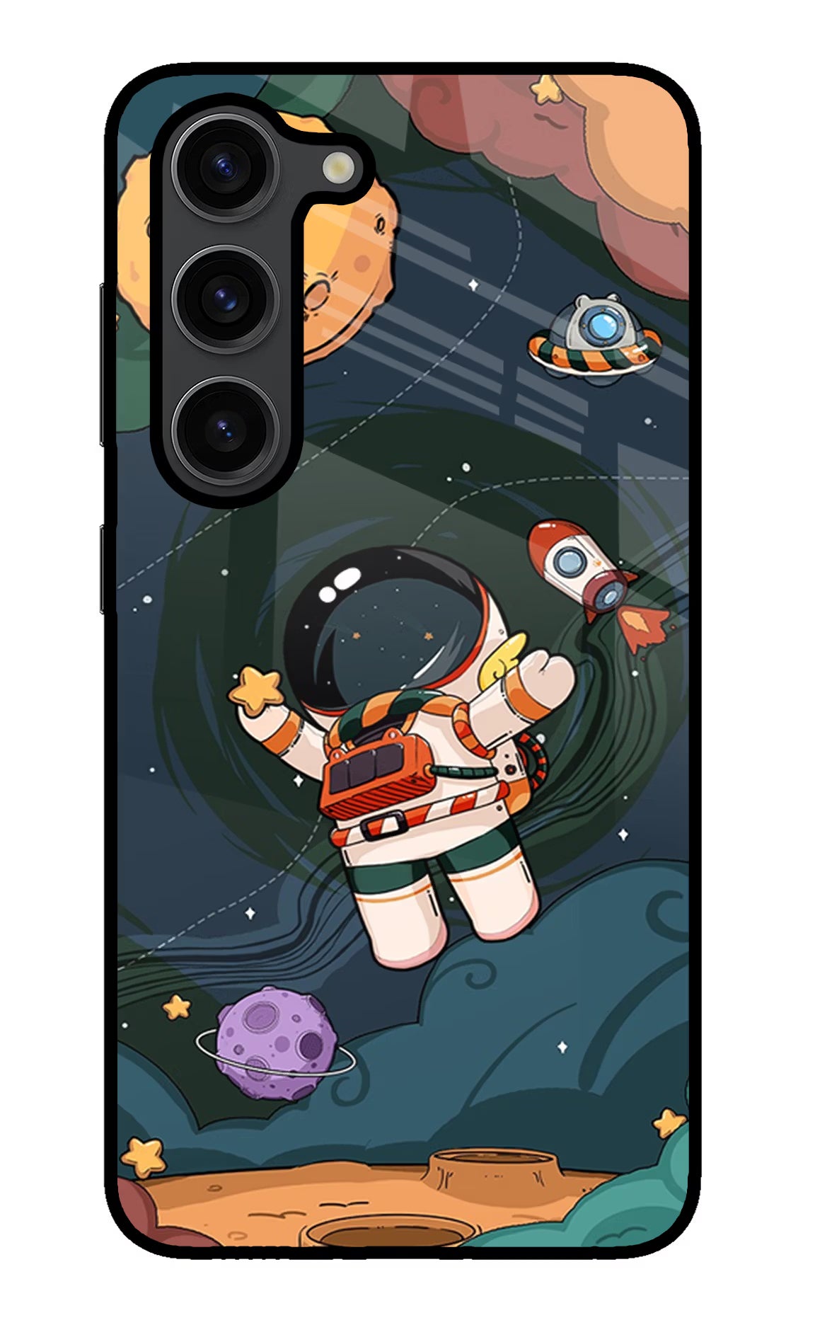 Cartoon Astronaut Samsung S23 Plus Glass Case Back Cover by Casekaro