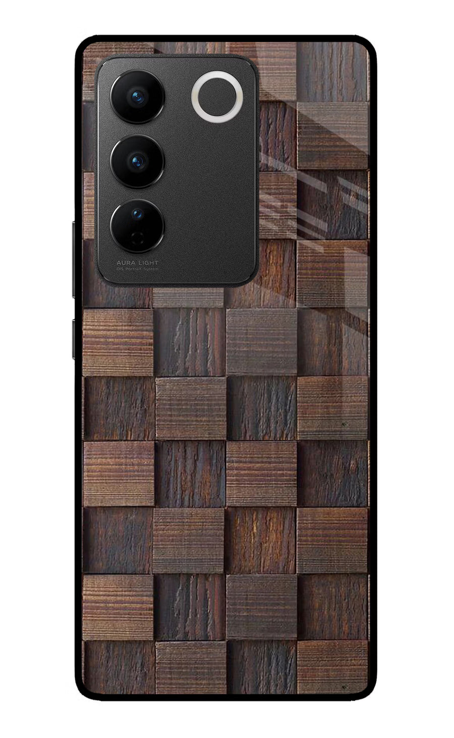 Wooden Cube Design Vivo V27/V27 Pro Back Cover, Glass case