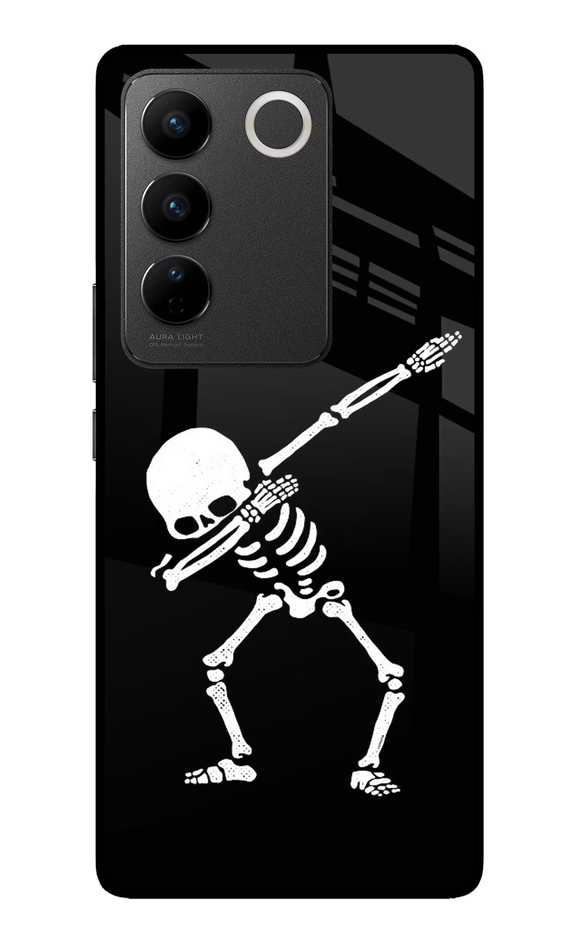 Dabbing Skeleton Art Vivo V27/V27 Pro Glass Case Back Cover by Casekaro