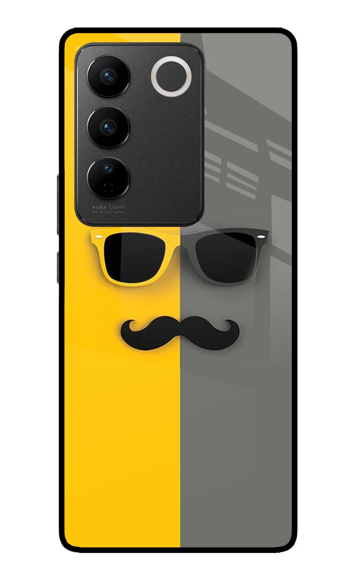 Sunglasses with Mustache Vivo V27/V27 Pro Glass Case Back Cover by Casekaro
