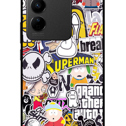 Sticker Bomb Vivo V27/V27 Pro Glass Case Back Cover by Casekaro