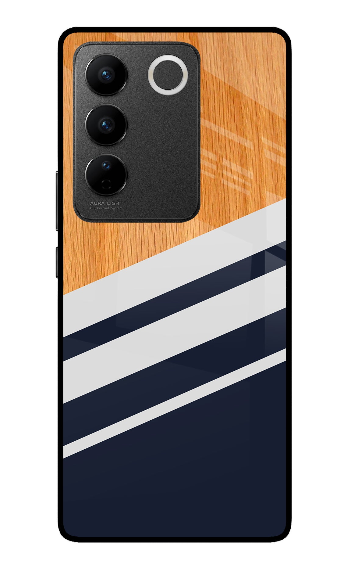 Blue and white wooden Vivo V27/V27 Pro Glass Case