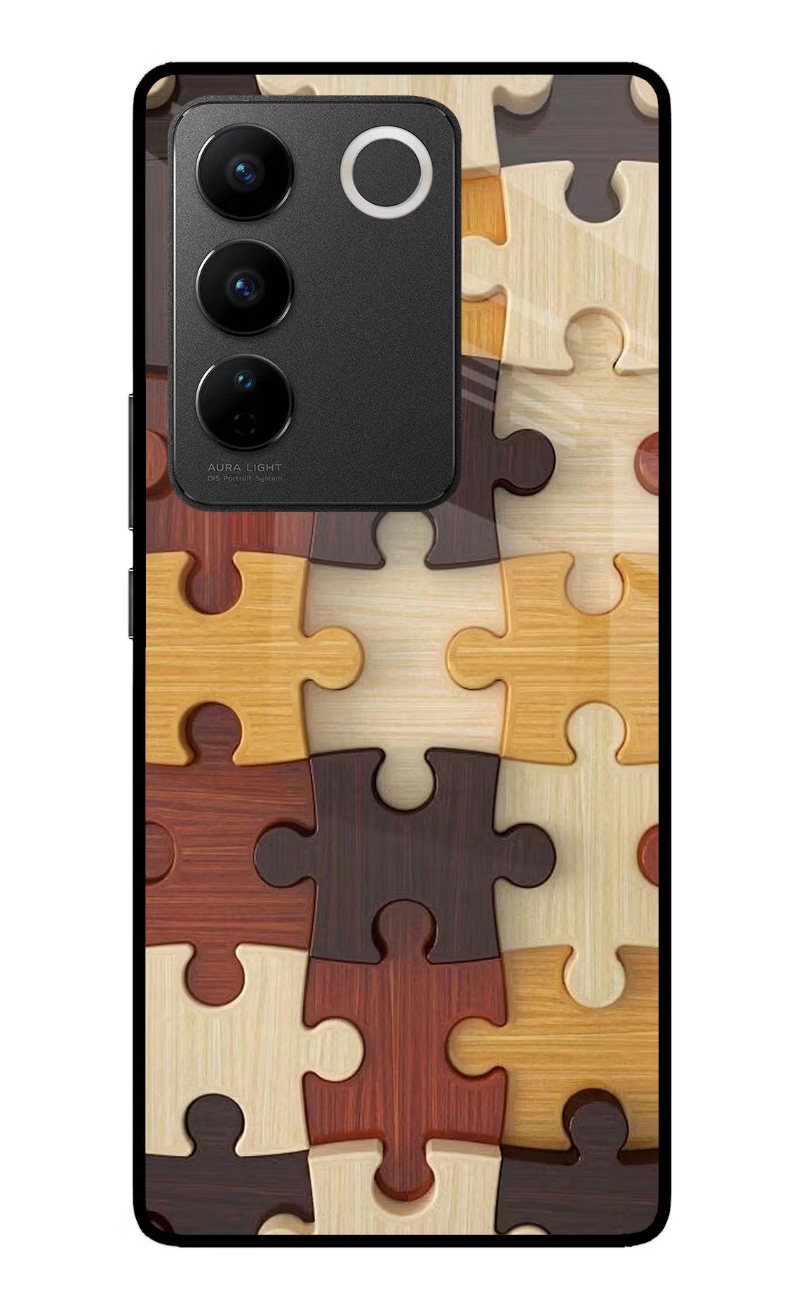 Wooden Puzzle Vivo V27/V27 Pro Glass Case Back Cover by Casekaro