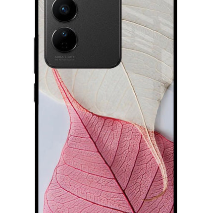 White Pink Leaf Vivo V27/V27 Pro Glass Case Back Cover by Casekaro