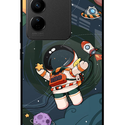 Cartoon Astronaut Vivo V27/V27 Pro Glass Case Back Cover by Casekaro