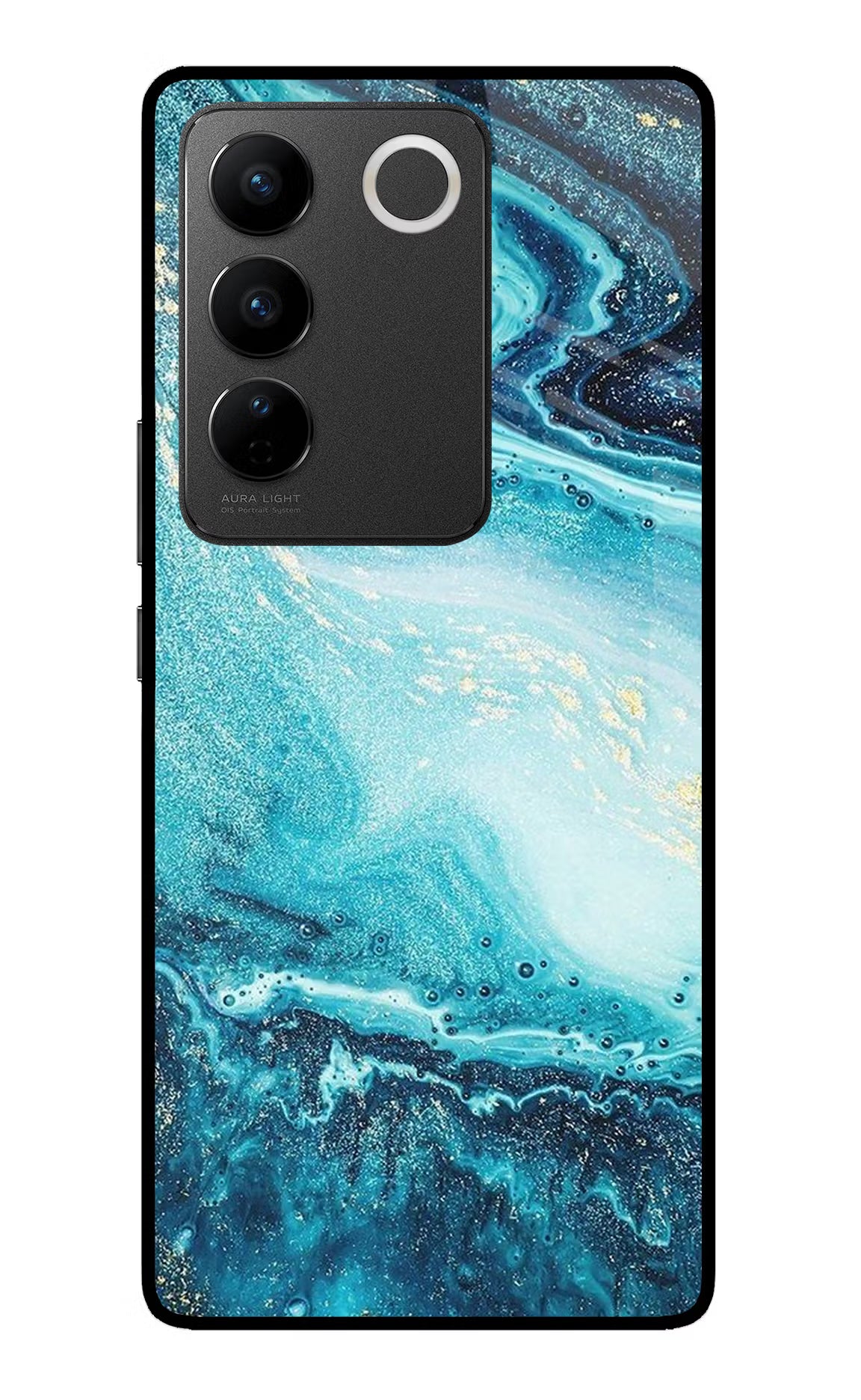 Blue Glitter Marble Vivo V27/V27 Pro Glass Case Back Cover by Casekaro