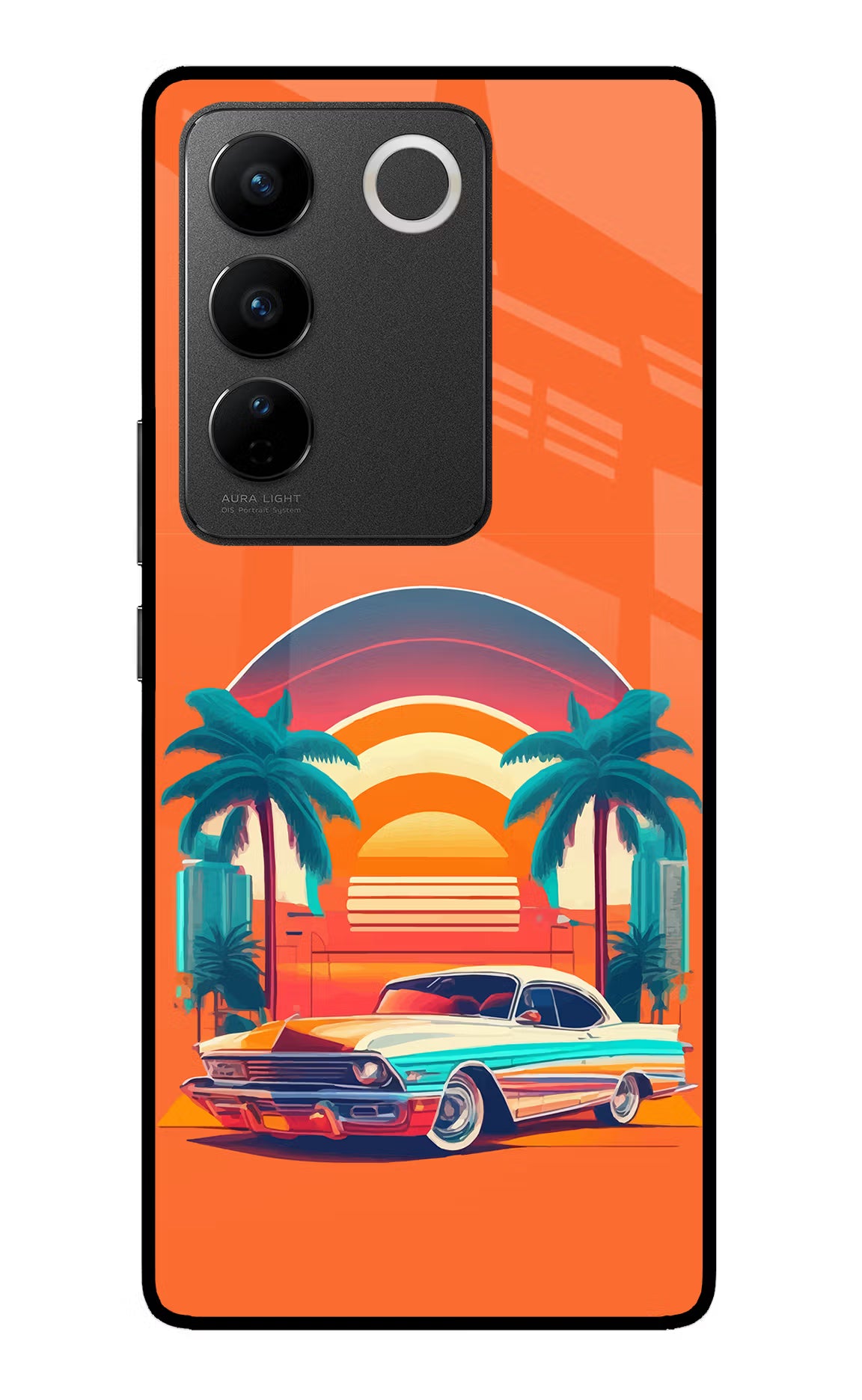 Palm Drive 80s Vivo V27/V27 Pro Glass Case Back Cover by Casekaro
