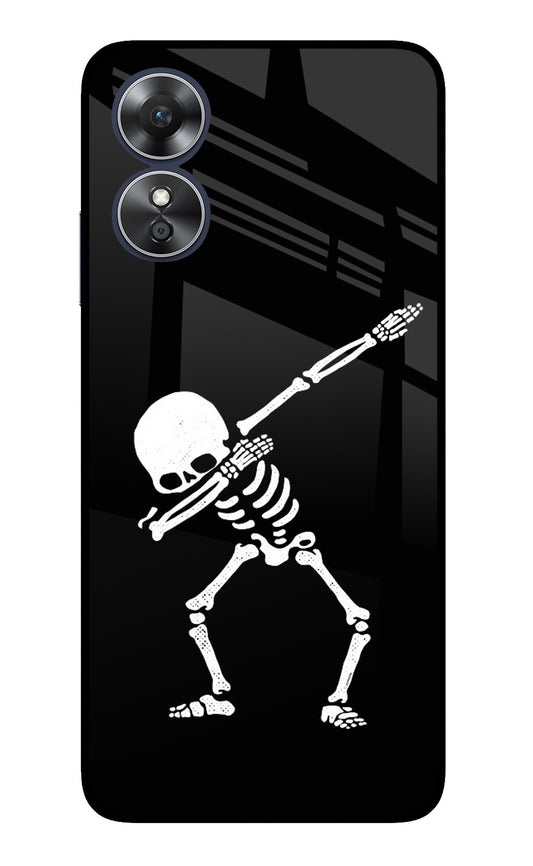 Dabbing Skeleton Art Oppo A17 Glass Case