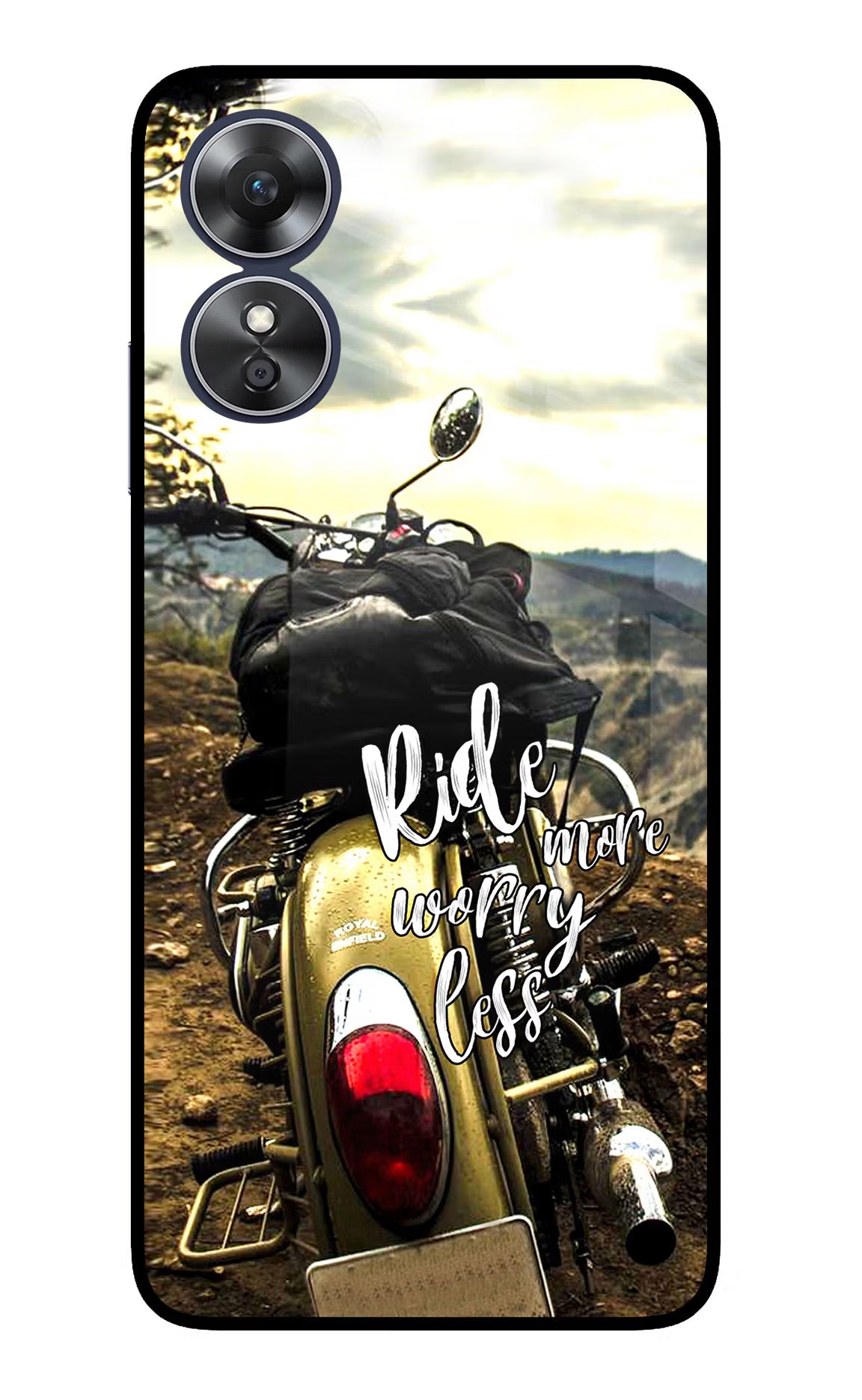Ride More Worry Less Oppo A17 Glass Case Back Cover by Casekaro