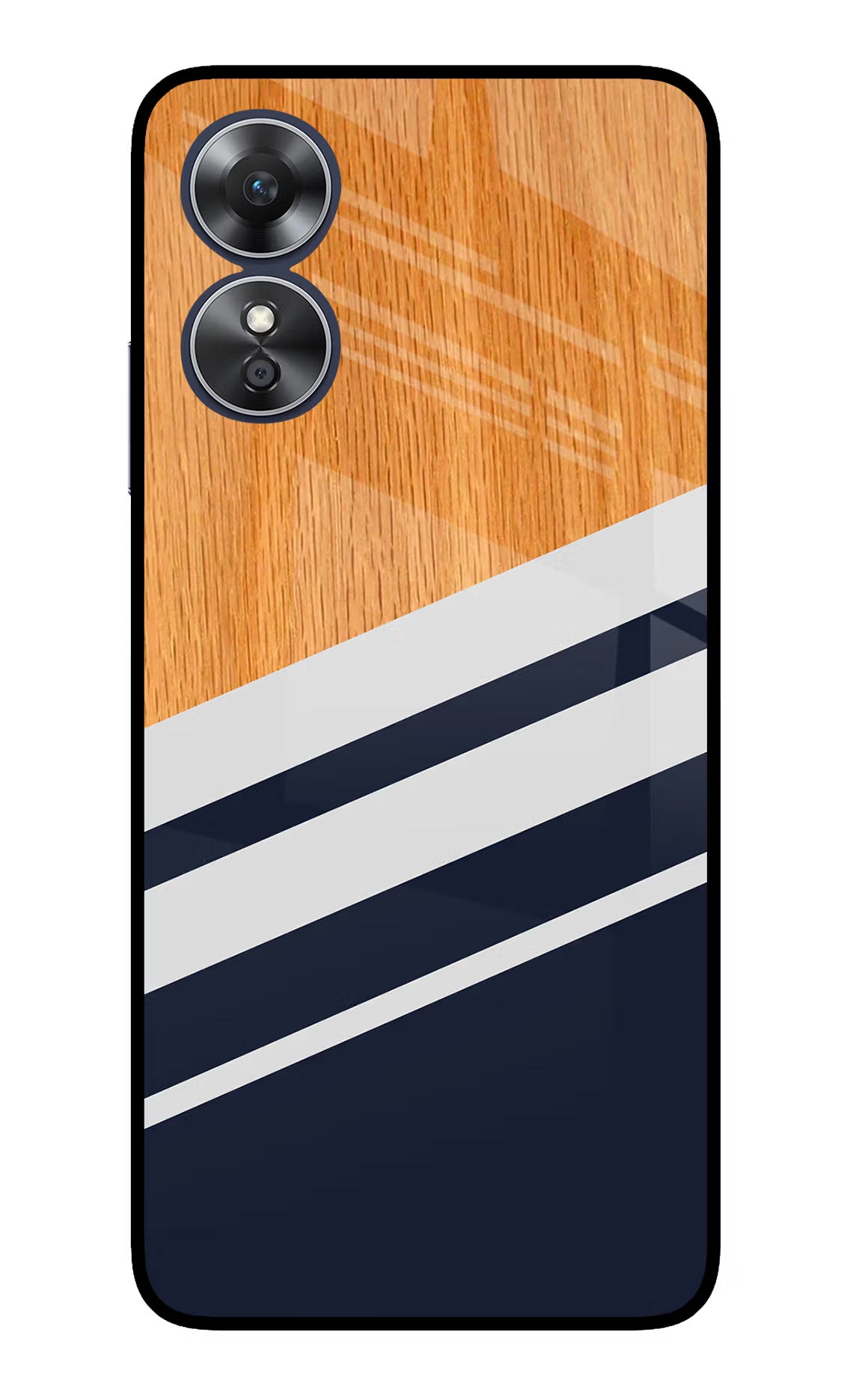 Blue and white wooden Oppo A17 Glass Case Back Cover by Casekaro