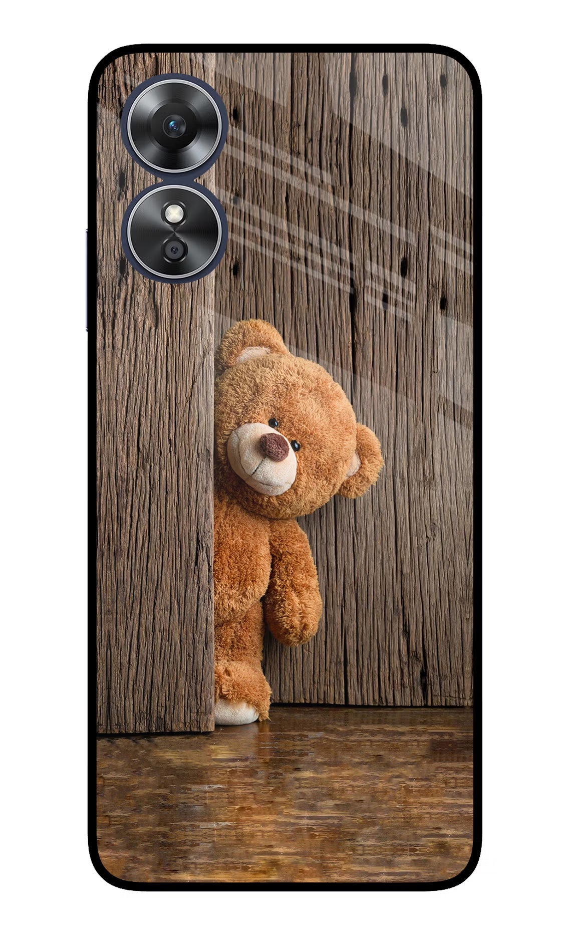 Teddy Wooden Oppo A17 Glass Case Back Cover by Casekaro