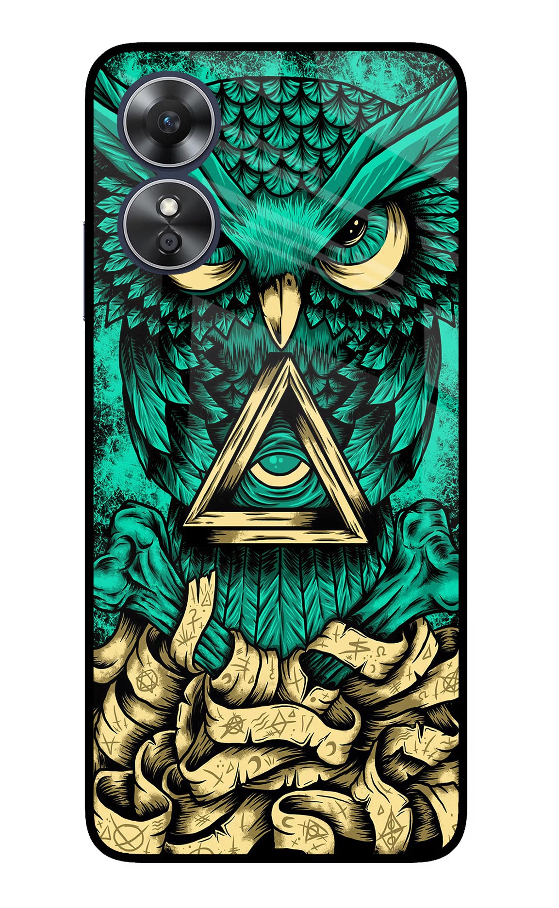 Green Owl Oppo A17 Glass Case Back Cover by Casekaro