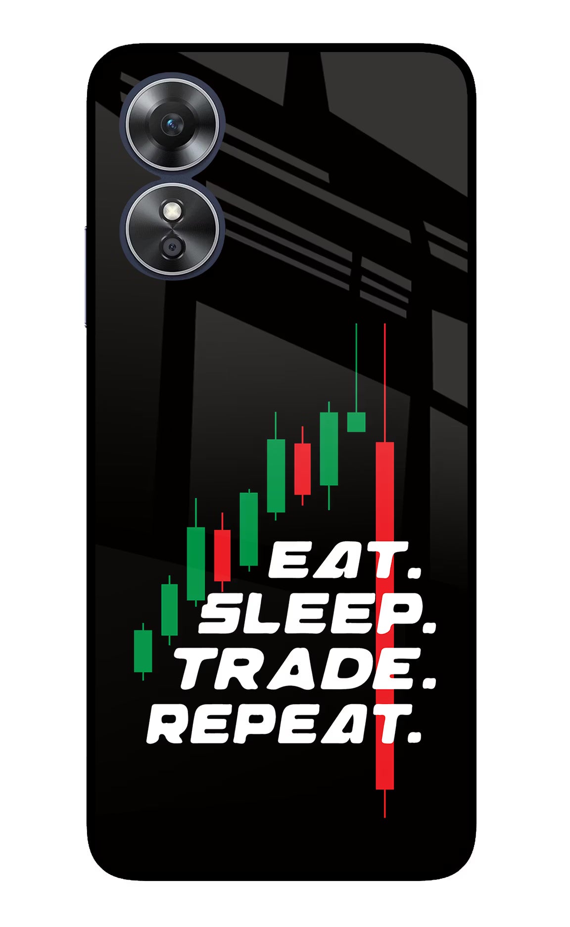 Eat Sleep Trade Repeat Oppo A17 Glass Case Back Cover by Casekaro
