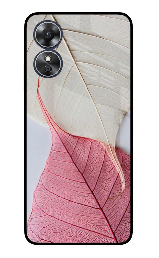 White Pink Leaf Oppo A17 Glass Case