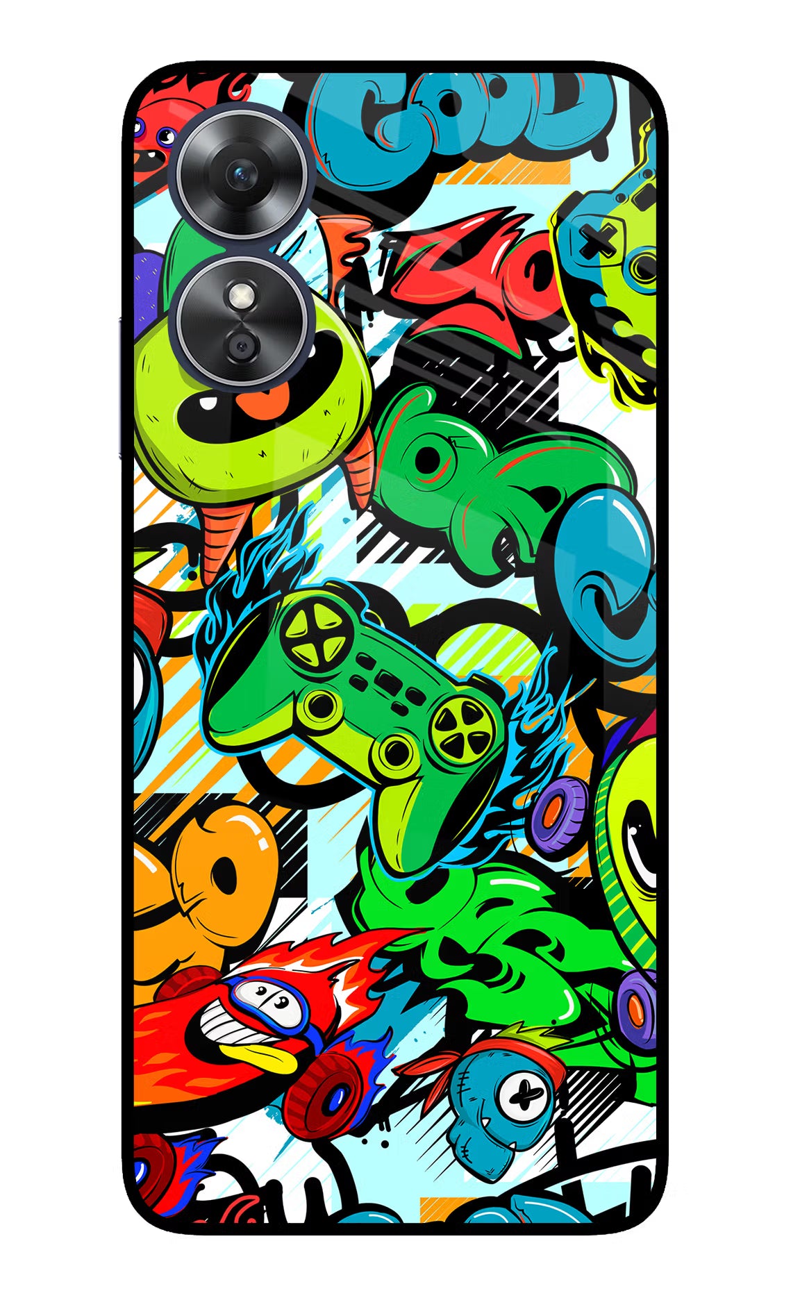 Game Doodle Oppo A17 Glass Case Back Cover by Casekaro