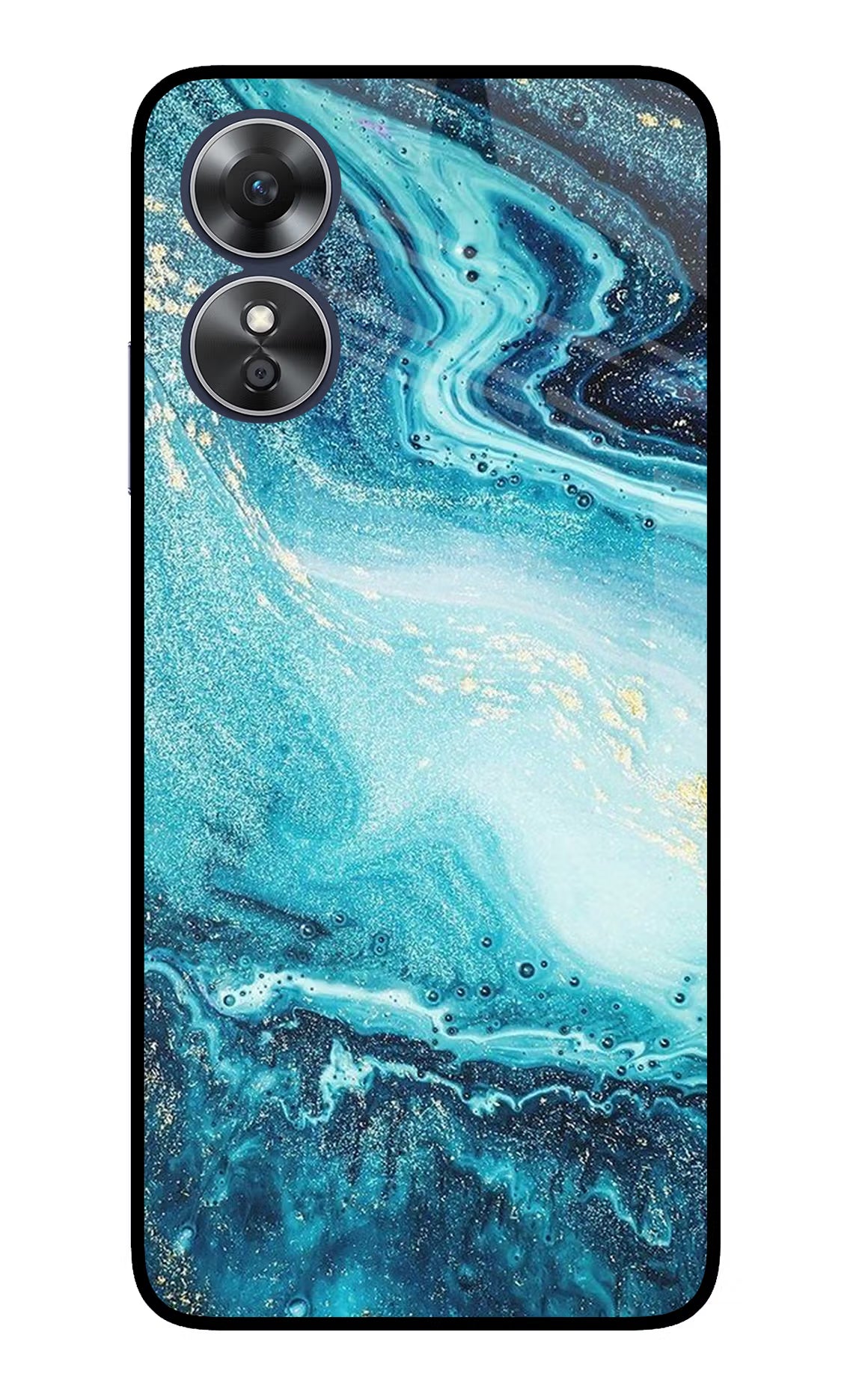 Blue Glitter Marble Oppo A17 Glass Case Back Cover by Casekaro
