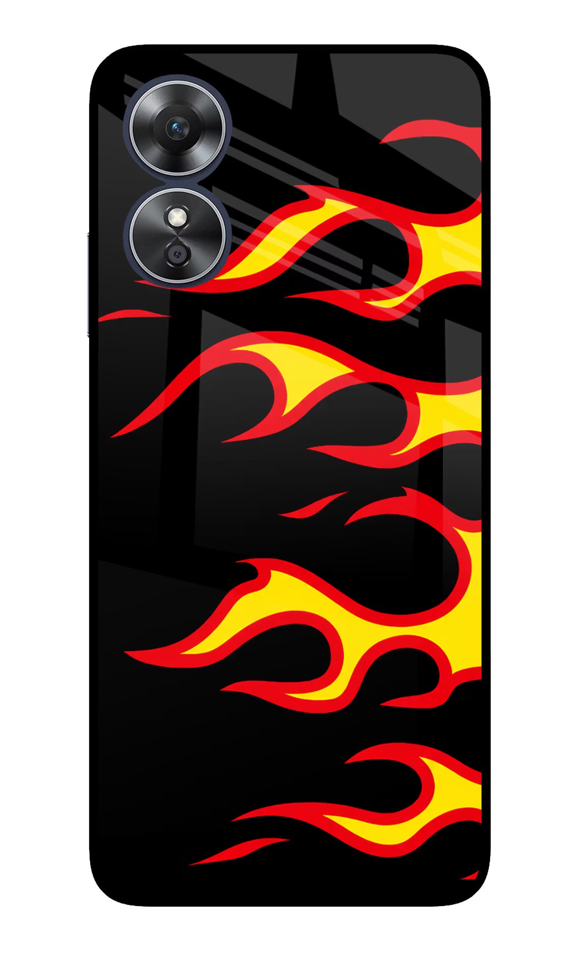 Side Sweep Flames Oppo A17 Glass Case Back Cover by Casekaro
