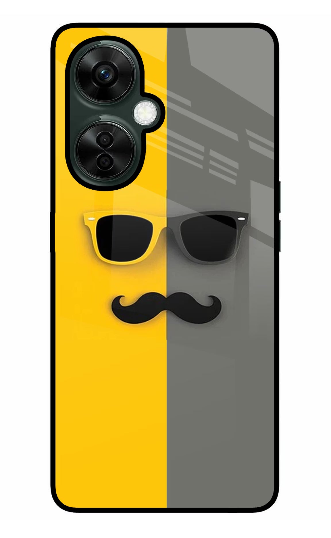 Sunglasses with Mustache OnePlus Nord CE 3 Lite 5G Glass Case Back Cover by Casekaro