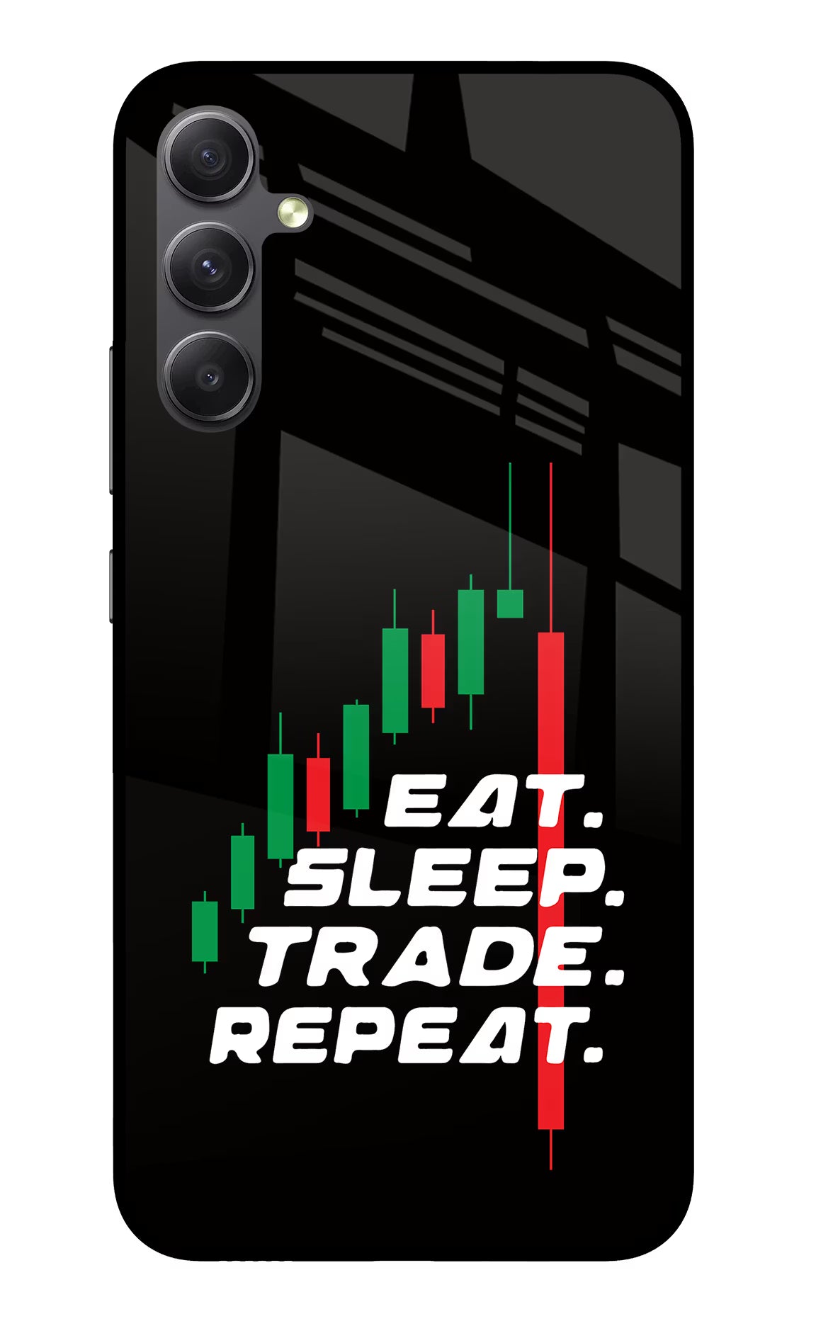 Eat Sleep Trade Repeat Samsung A34 5G Glass Case Back Cover by Casekaro
