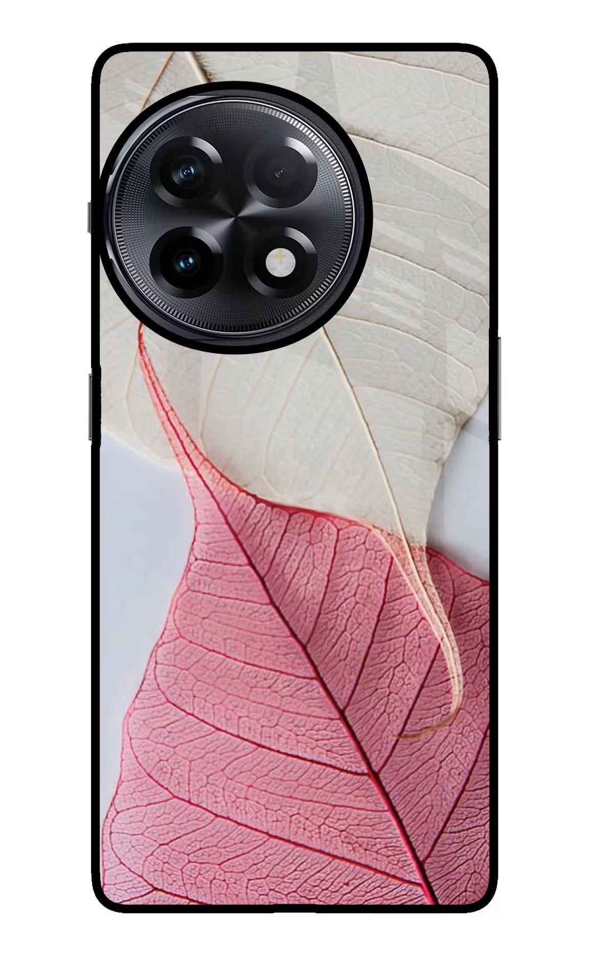 White Pink Leaf OnePlus 11R Glass Case Back Cover by Casekaro
