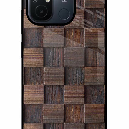 Wooden Cube Design Redmi 12C Glass Case