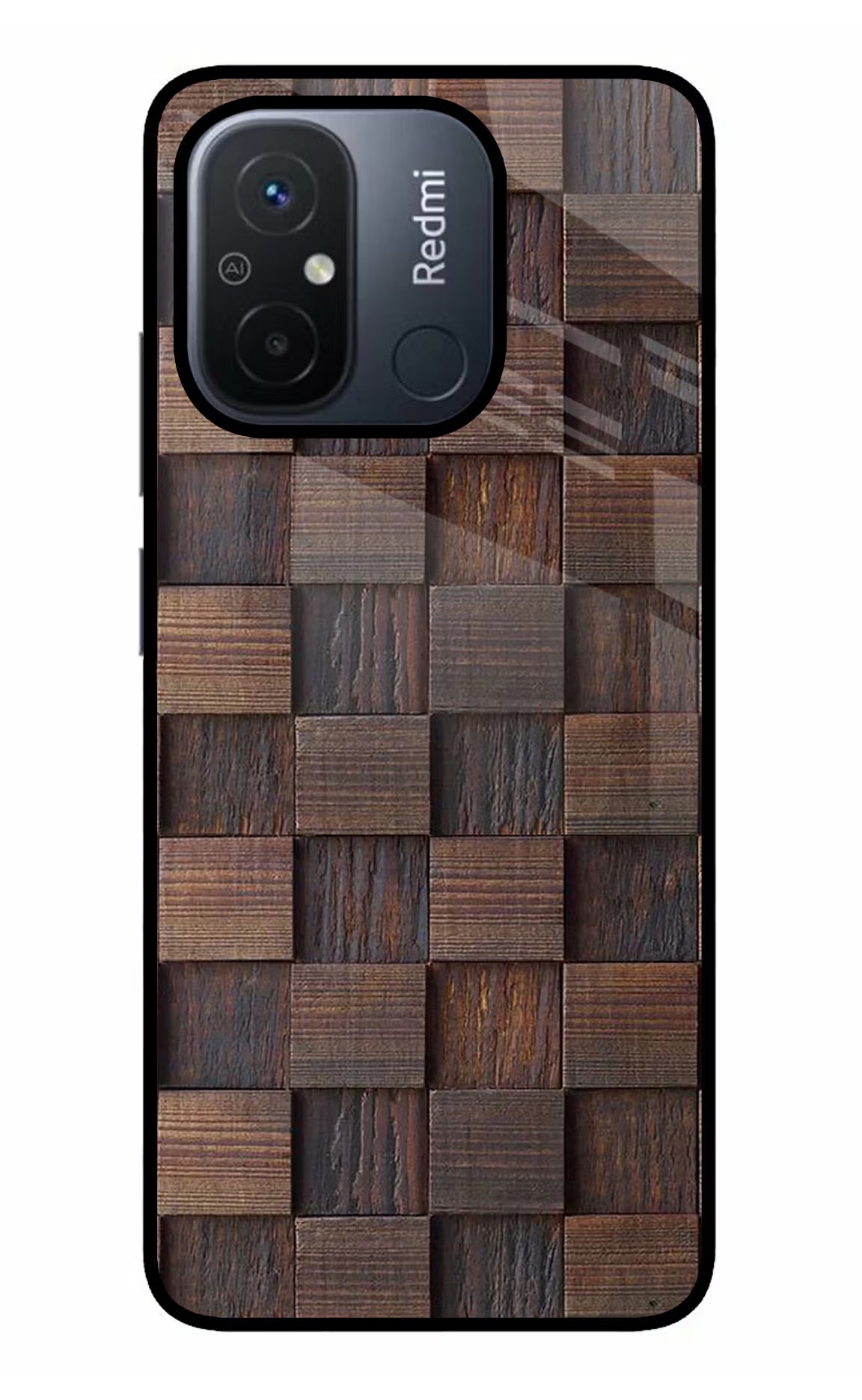 Wooden Cube Design Redmi 12C Glass Case Back Cover by Casekaro