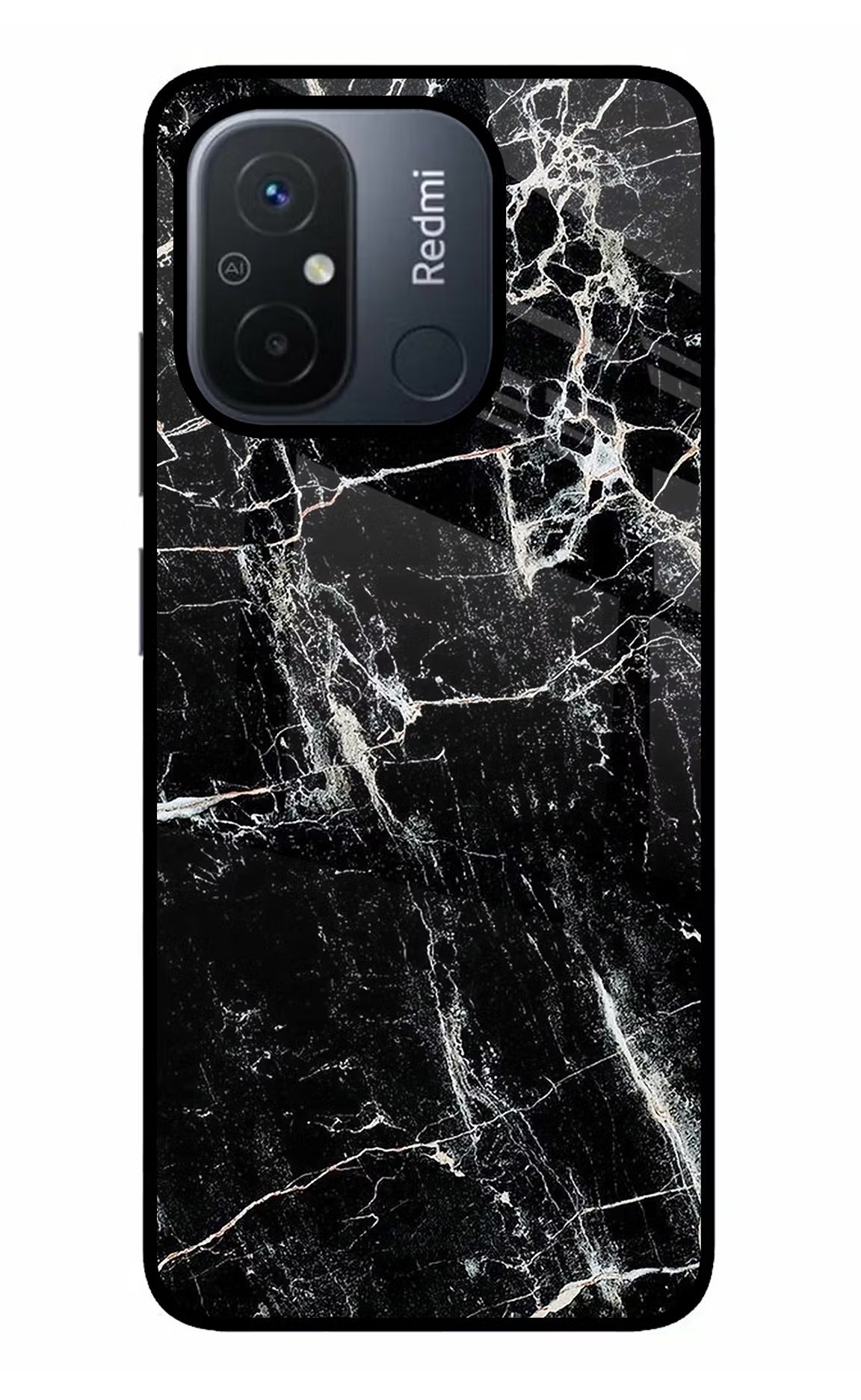 Black Marble Texture Redmi 12C Glass Case Back Cover by Casekaro