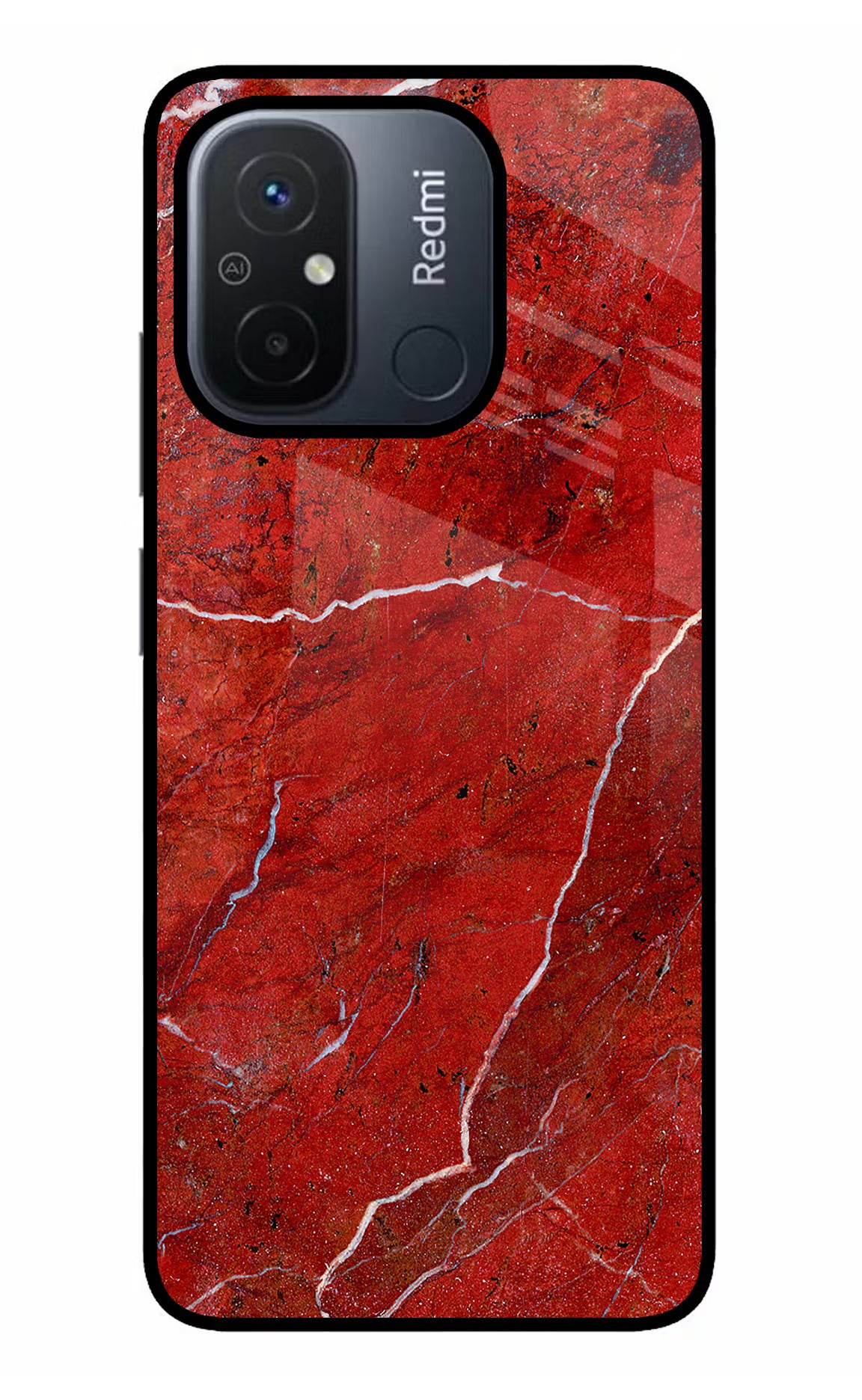 Red Marble Design Redmi 12C Glass Case Back Cover by Casekaro