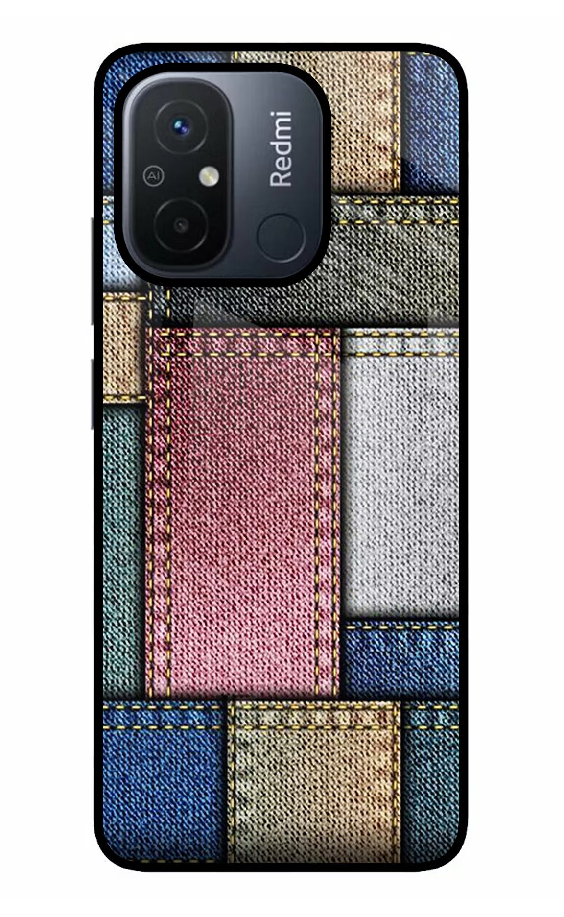 Multicolor Jeans Redmi 12C Glass Case Back Cover by Casekaro