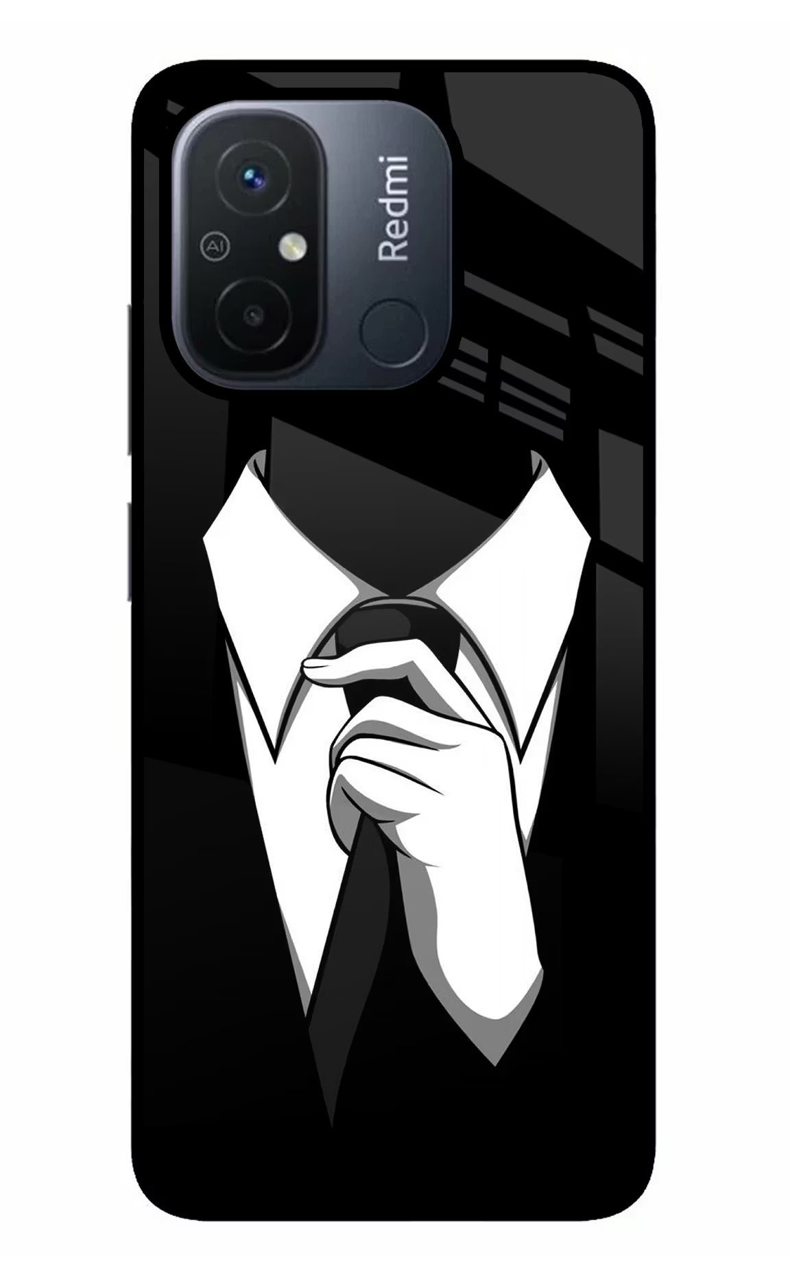 Black Tie Redmi 12C Glass Case Back Cover by Casekaro