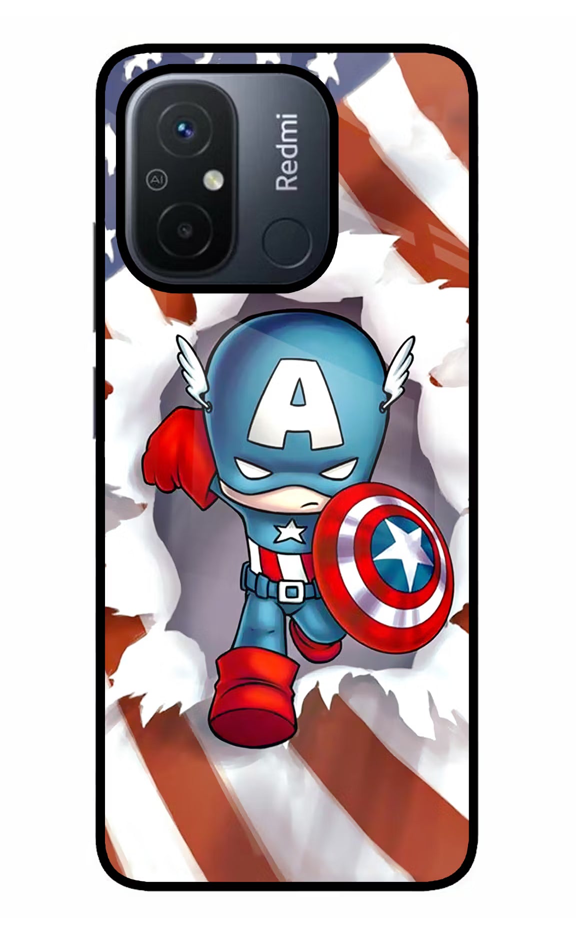 Captain America Redmi 12C Glass Case Back Cover by Casekaro