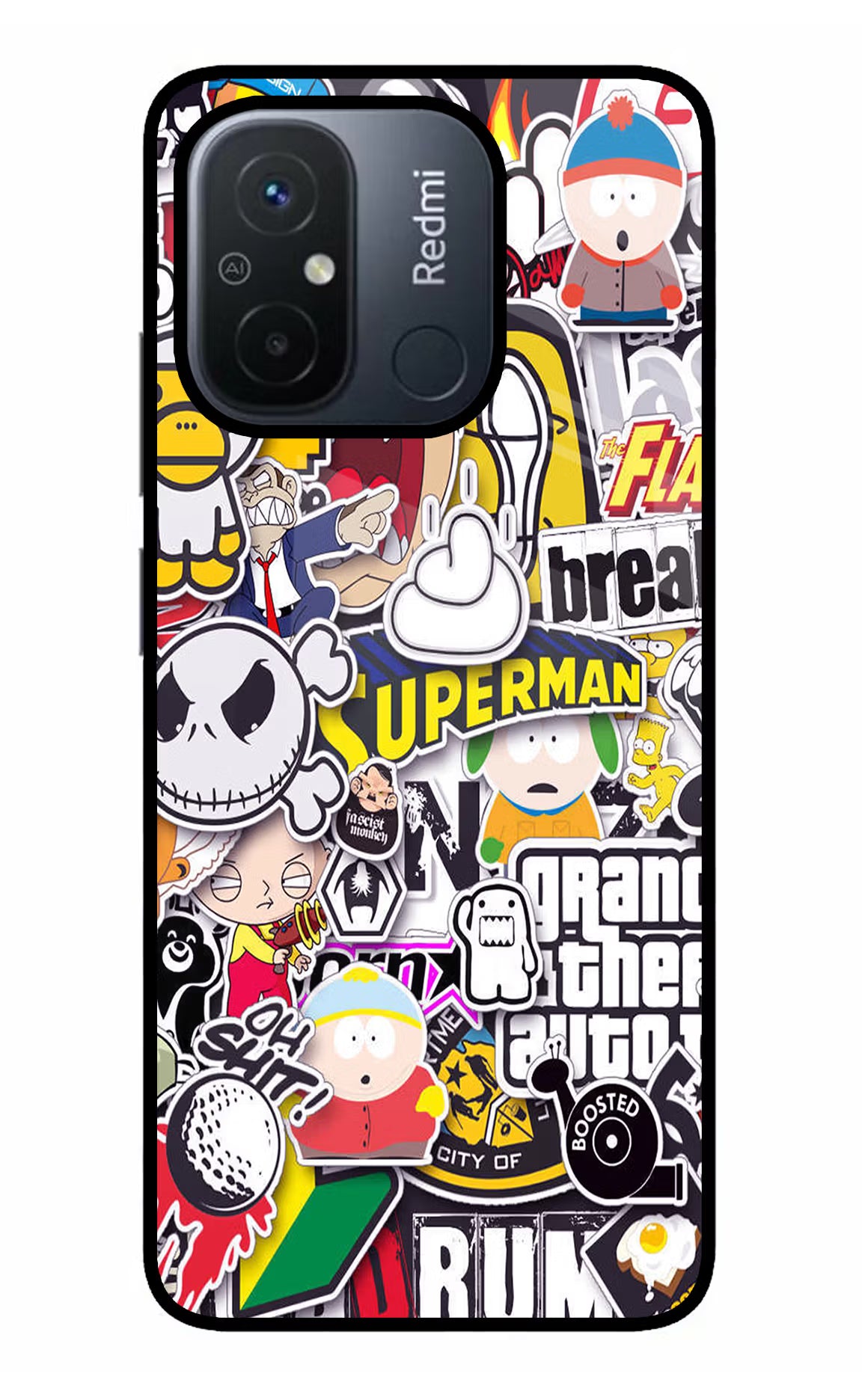 Sticker Bomb Redmi 12C Glass Case Back Cover by Casekaro
