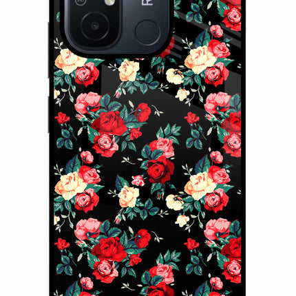 Rose Pattern Redmi 12C Glass Case Back Cover by Casekaro