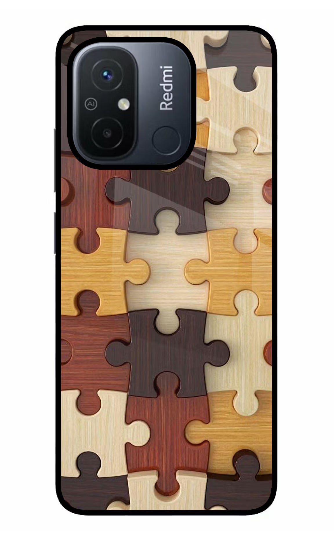 Wooden Puzzle Redmi 12C Glass Case Back Cover by Casekaro