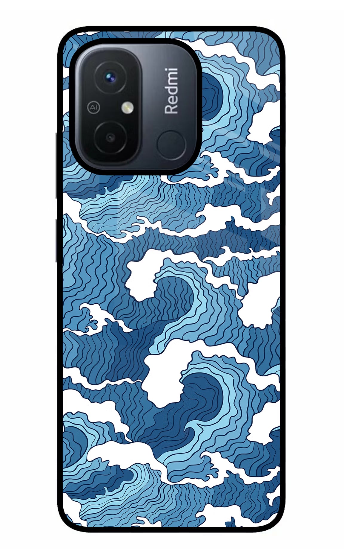 Blue Waves Redmi 12C Glass Case Back Cover by Casekaro