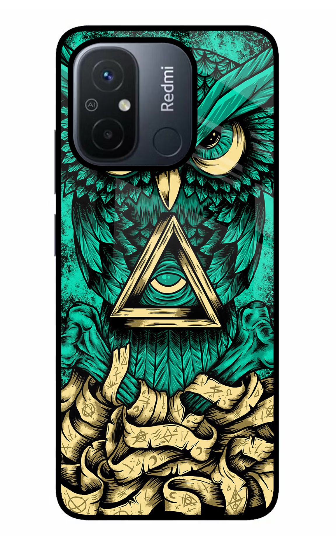 Green Owl Redmi 12C Glass Case Back Cover by Casekaro