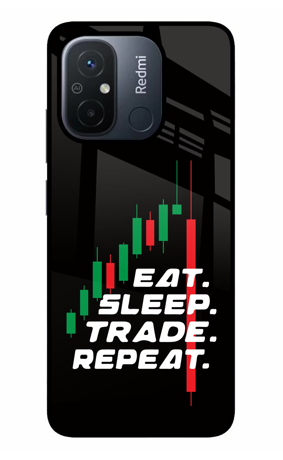 Eat Sleep Trade Repeat Redmi 12C Glass Case Back Cover by Casekaro