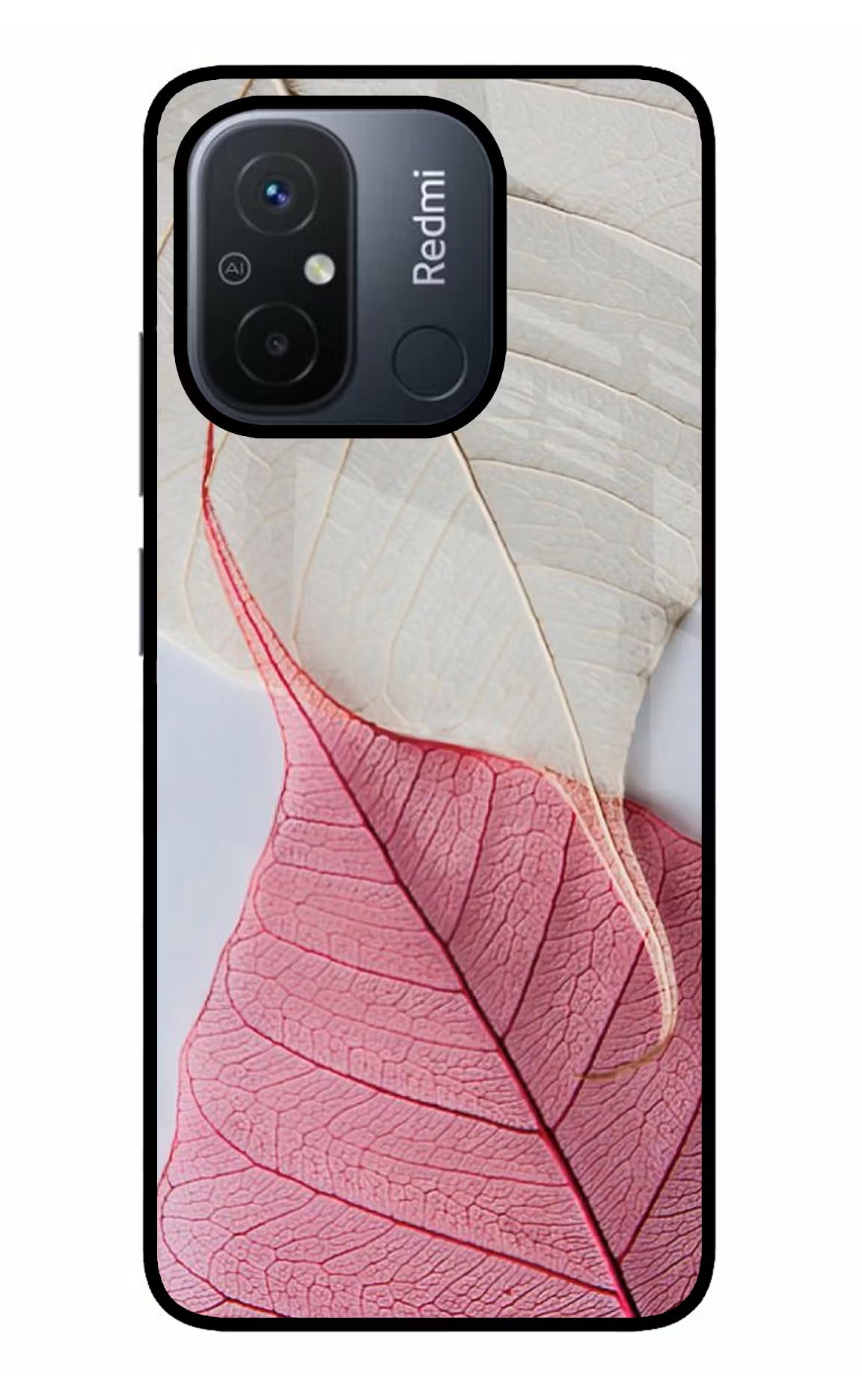 White Pink Leaf Redmi 12C Glass Case Back Cover by Casekaro