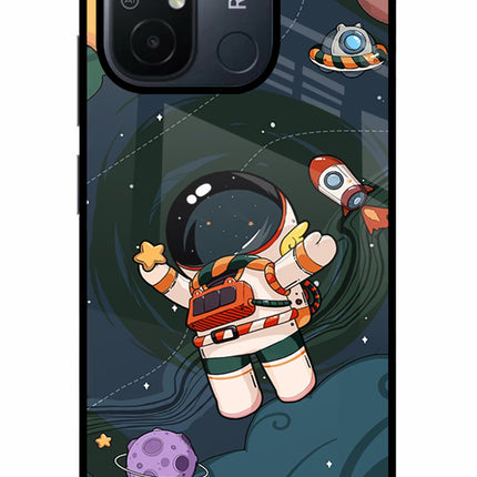 Cartoon Astronaut Redmi 12C Glass Case Back Cover by Casekaro