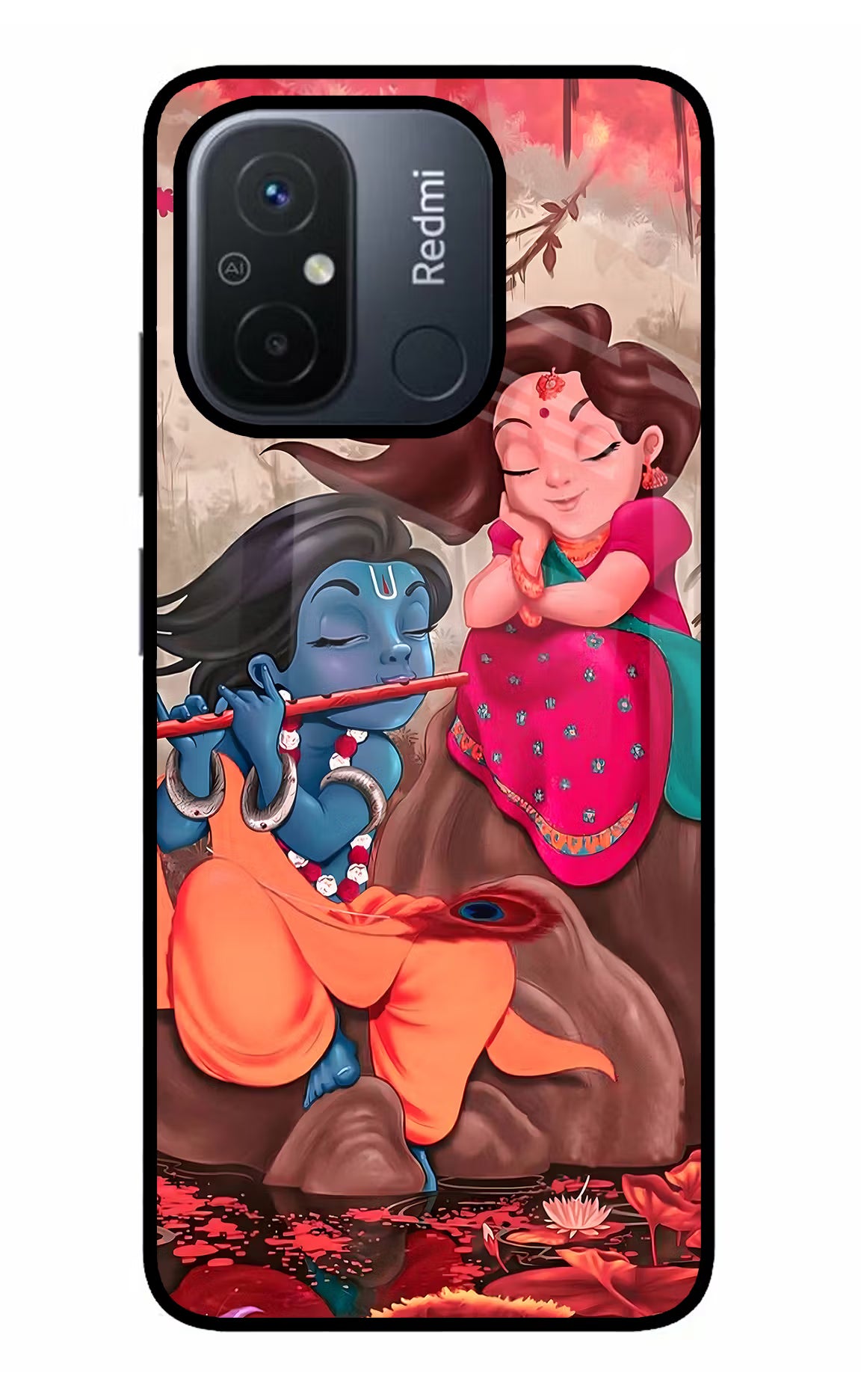 Radhe Krishna Redmi 12C Glass Case Back Cover by Casekaro