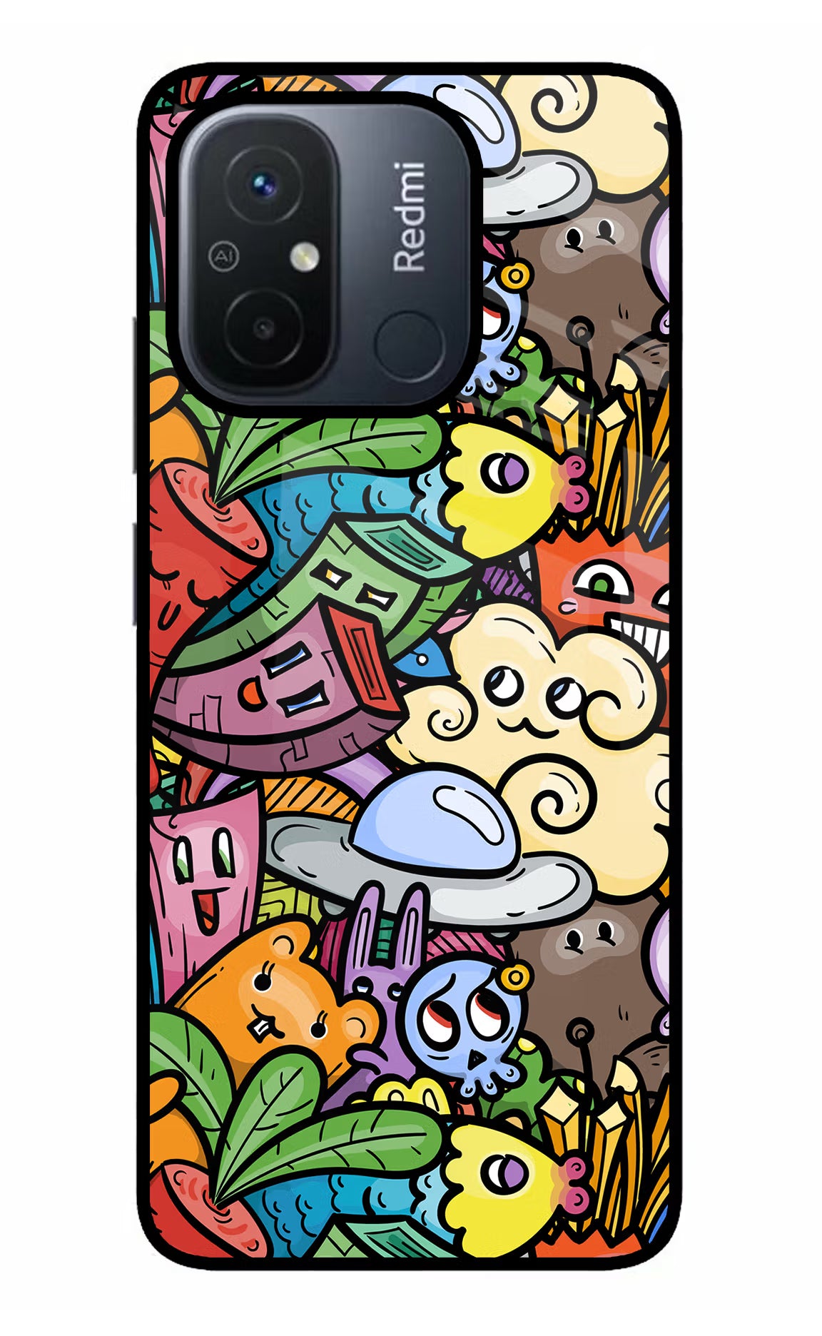 Veggie Doodle Redmi 12C Glass Case Back Cover by Casekaro