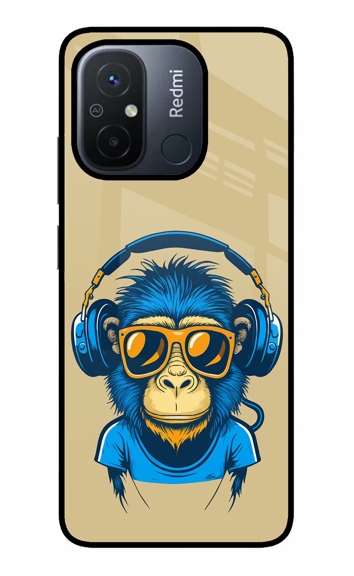 Monkey Headphone Redmi 12C Glass Case Back Cover by Casekaro