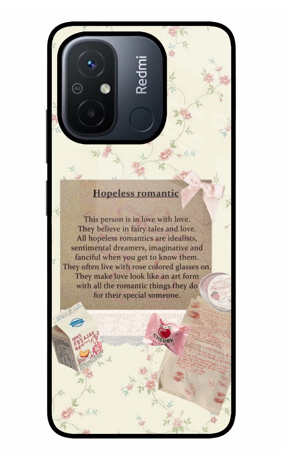 Hopeless Romantic Redmi 12C Glass Case Back Cover by Casekaro