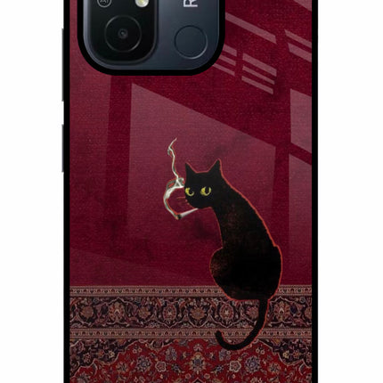 Midnight Cat Redmi 12C Glass Case Back Cover by Casekaro