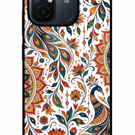 White Mayura Redmi 12C Glass Case