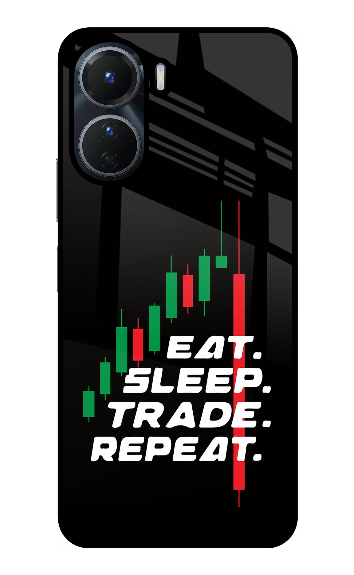 Eat Sleep Trade Repeat Vivo T2x 5G Glass Case Back Cover by Casekaro
