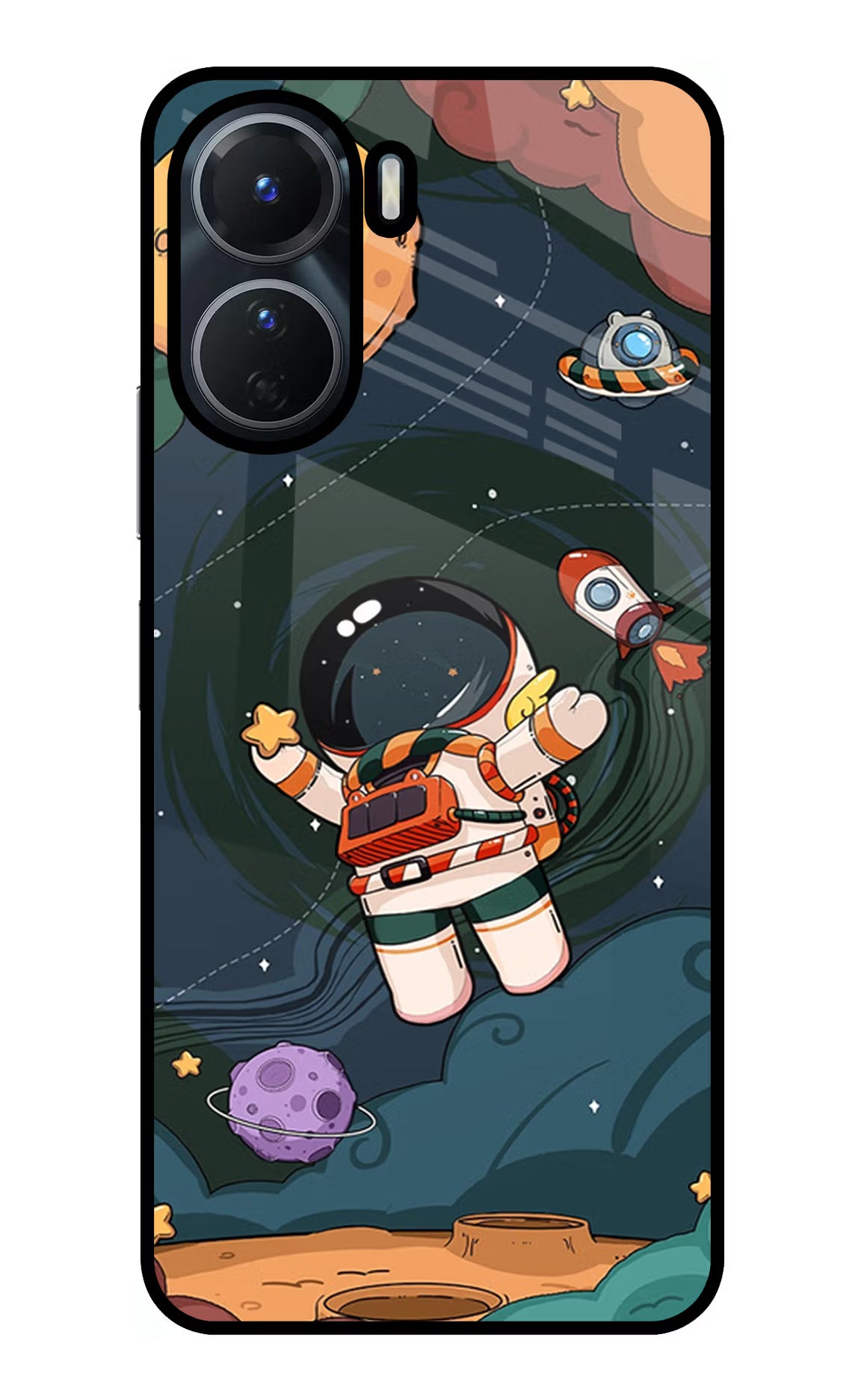 Cartoon Astronaut Vivo T2x 5G Glass Case Back Cover by Casekaro