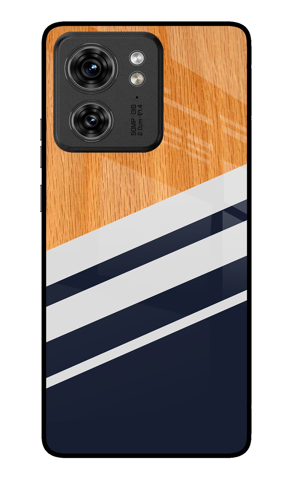 Blue and white wooden Moto Edge 40 Glass Case