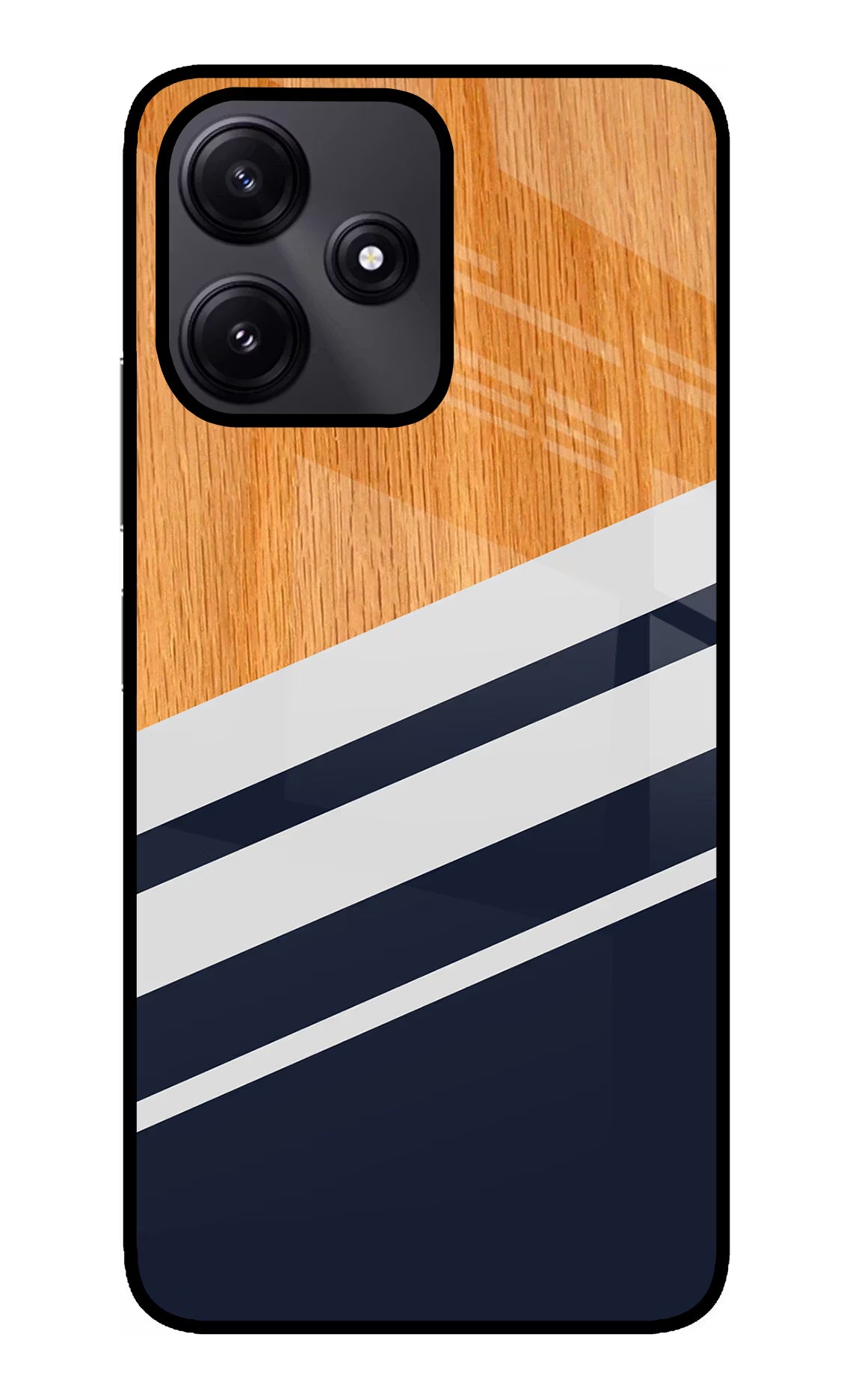 Blue and white wooden Poco M6 Pro 5G Glass Case Back Cover by Casekaro